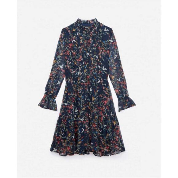💕THE KOOPLES💕 Blue Bird Print Dress ~ Floral Long Sleeve 100% Silk Crepe Small - Picture 9 of 16